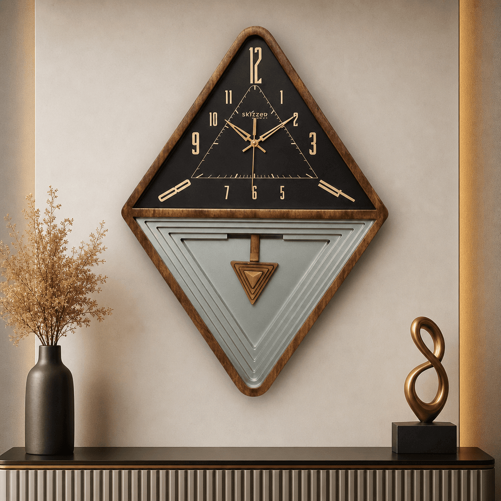 Diamond Geometric Wall Clock Brown, Black & Gold Accents styled in a room setting 1
