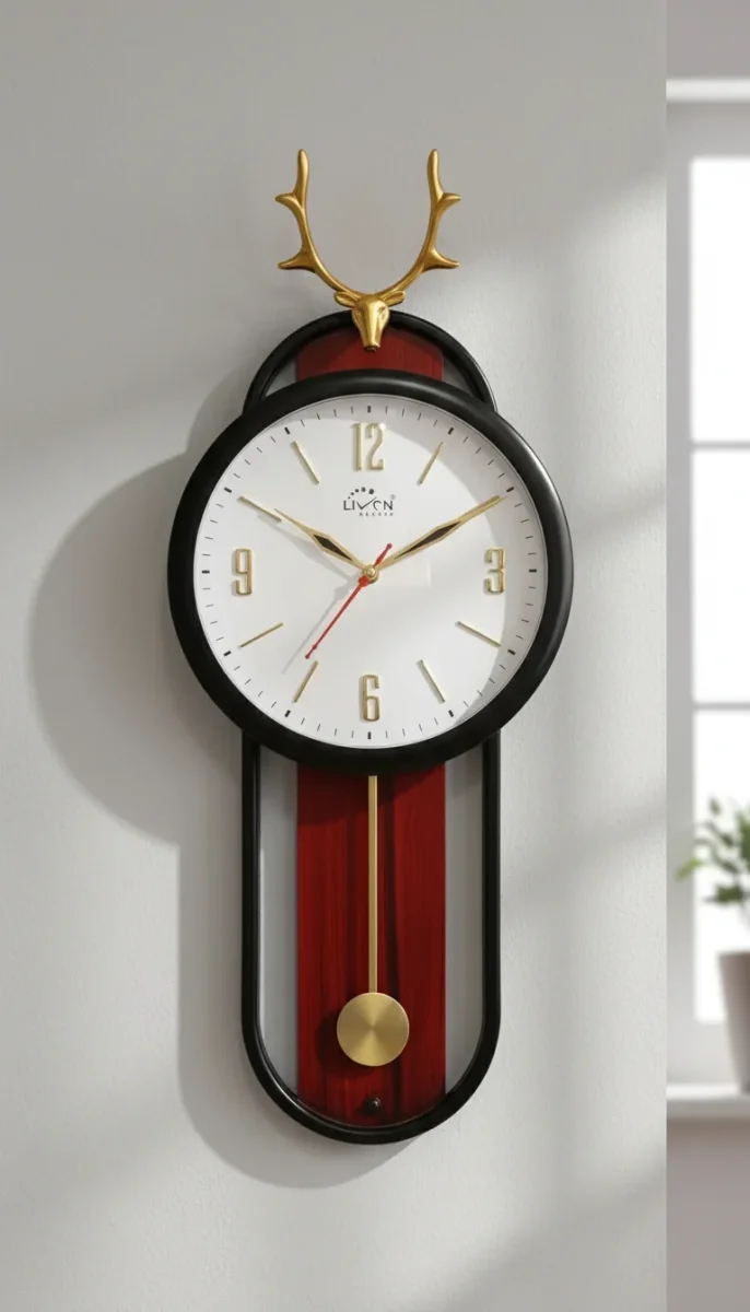 Elegant Deer Head Pendulum Wall Clock styled in a room setting 3