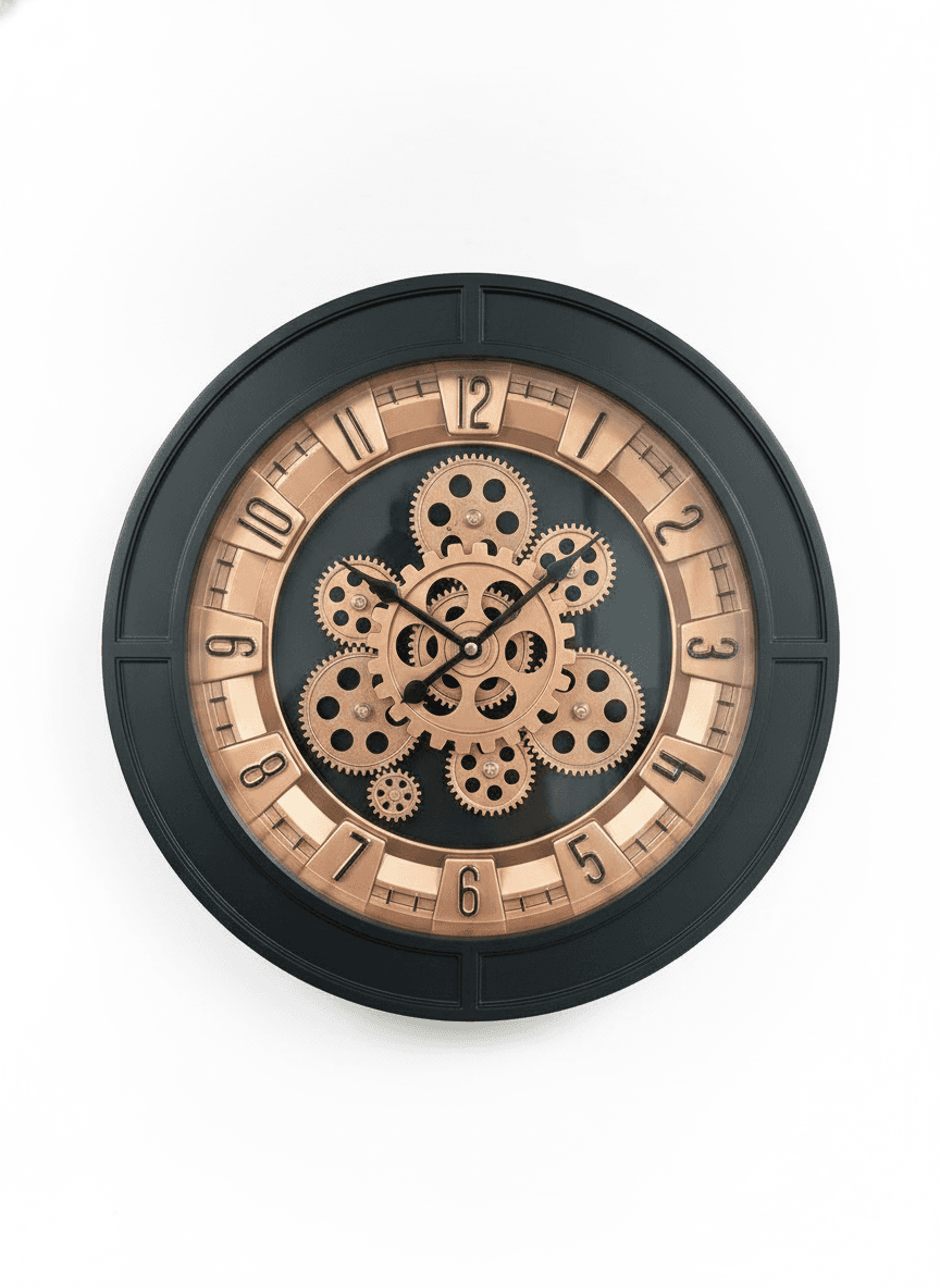 Industrial Wall Clock With Visible Gears Black & Copper Accents