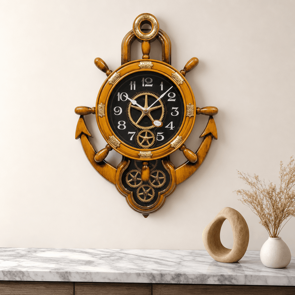 Real RG07 Nautical Ship's Wheel Wall Clock with Anchor Base, Very Dark Cherry Wood Finish styled in a room setting 5