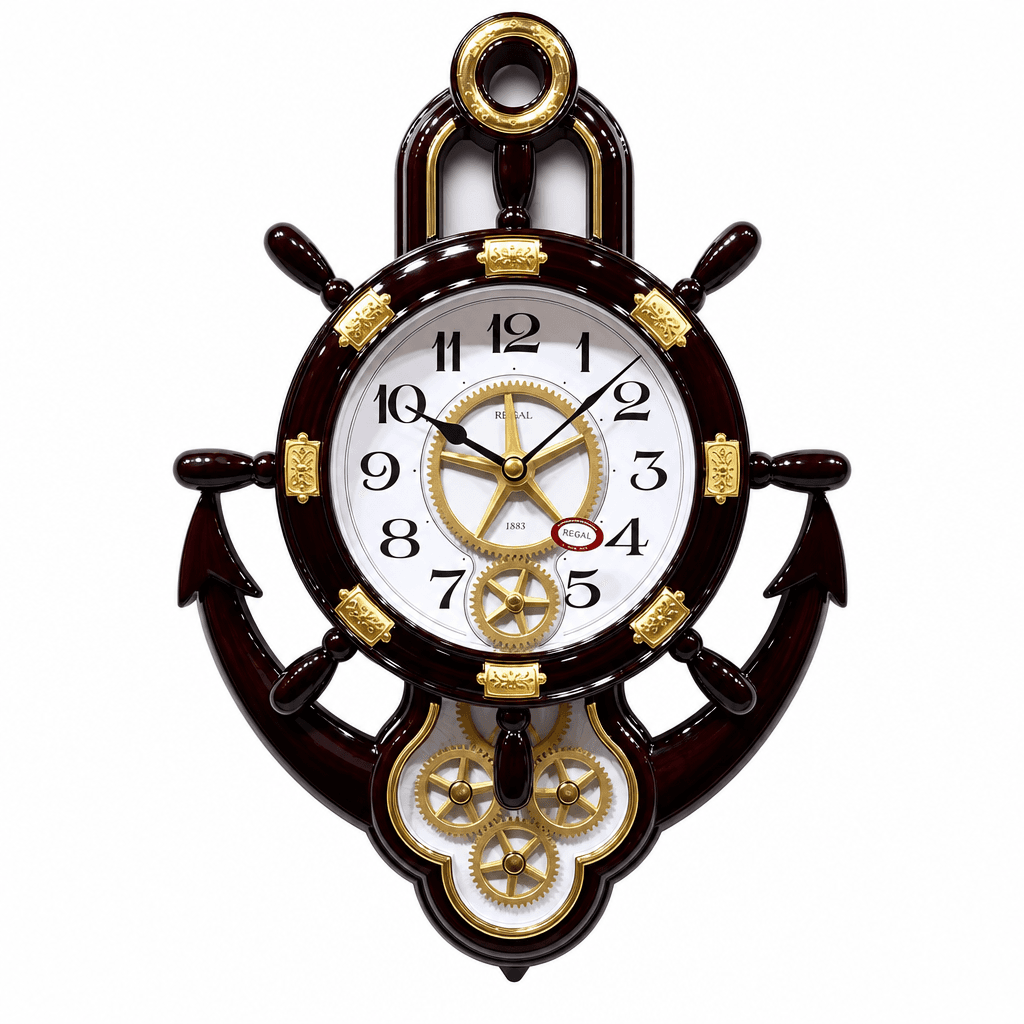 Real RG07 Nautical Ship's Wheel Wall Clock with Anchor Base, Very Dark Cherry Wood Finish