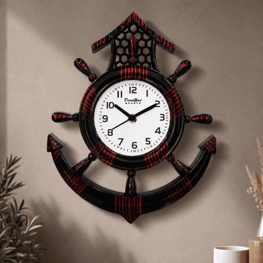 Nautical Ship Wheel Anchor Red And Black Wall Clock styled in a room setting 1