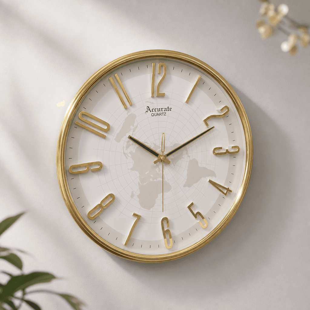 Gold Frame Wall Clock With World Map Dial styled in a room setting 3