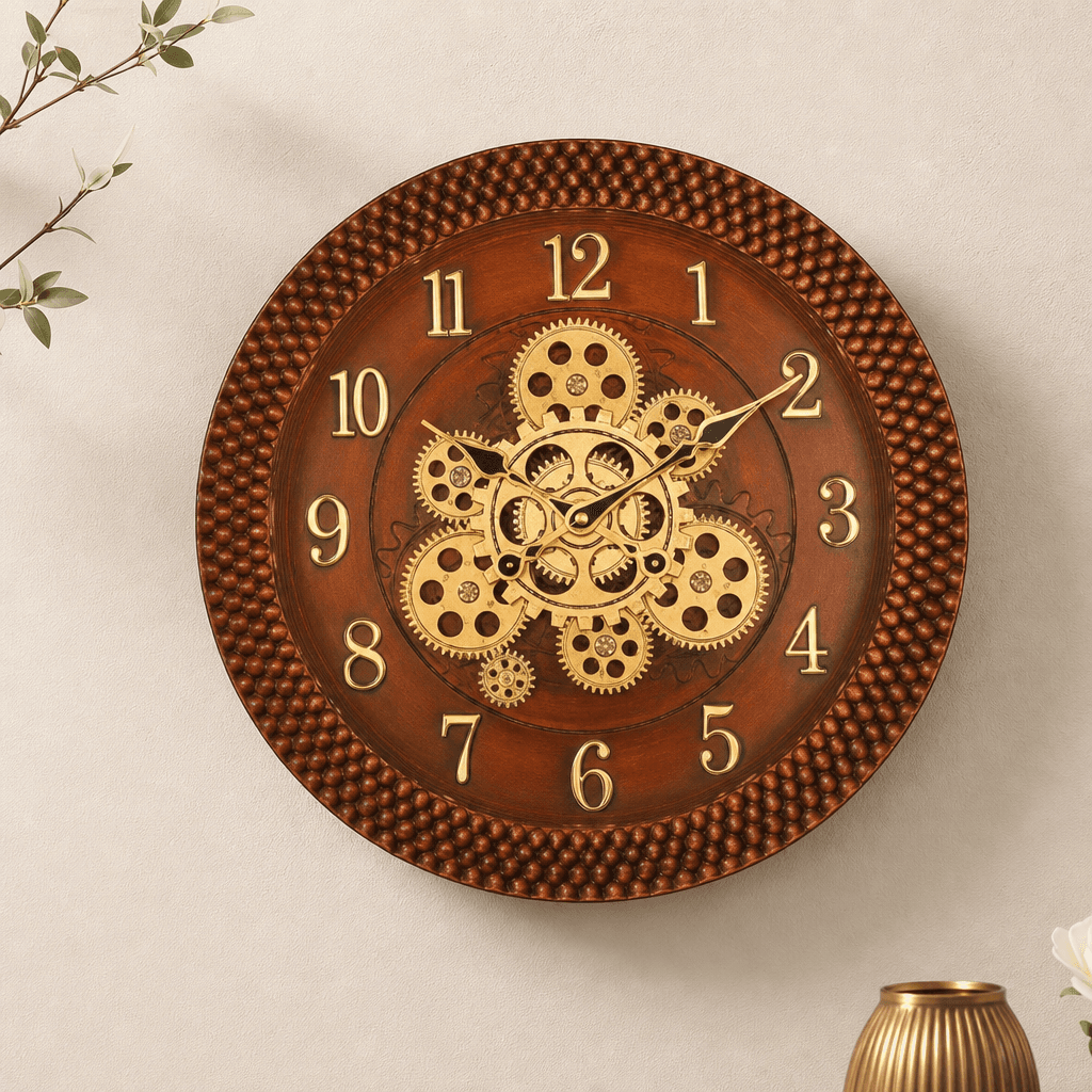 Decorative Brown & Gold Exposed Gear Wall Clock styled in a room setting 3