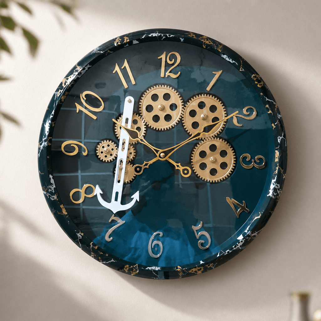Royal Blue Wall Clock With Gears And Anchor styled in a room setting 4