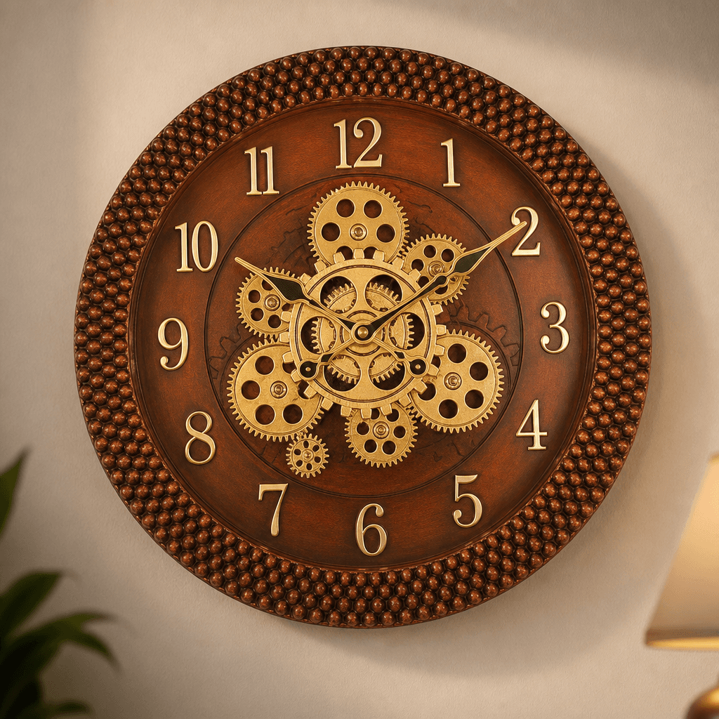 Decorative Brown & Gold Exposed Gear Wall Clock dimensions