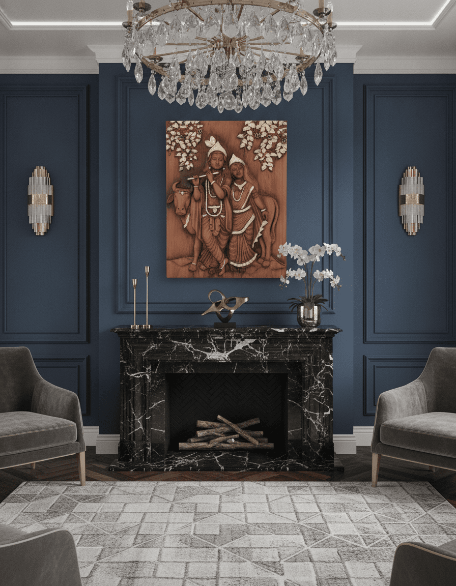 Radha Krishna Dark Brown 3D Wall Art styled in a room setting 5