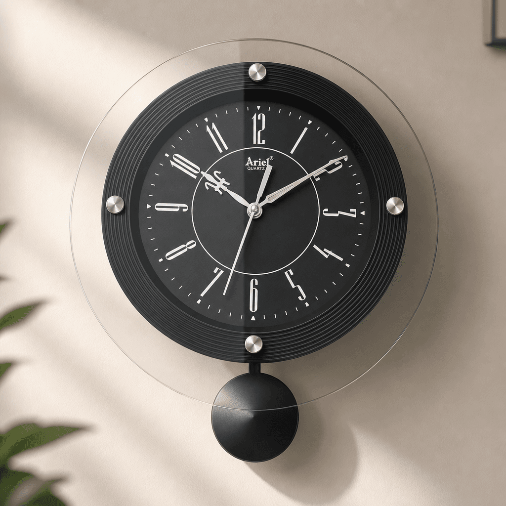 Small Wall Clock Black With Black Dial styled in a room setting 2
