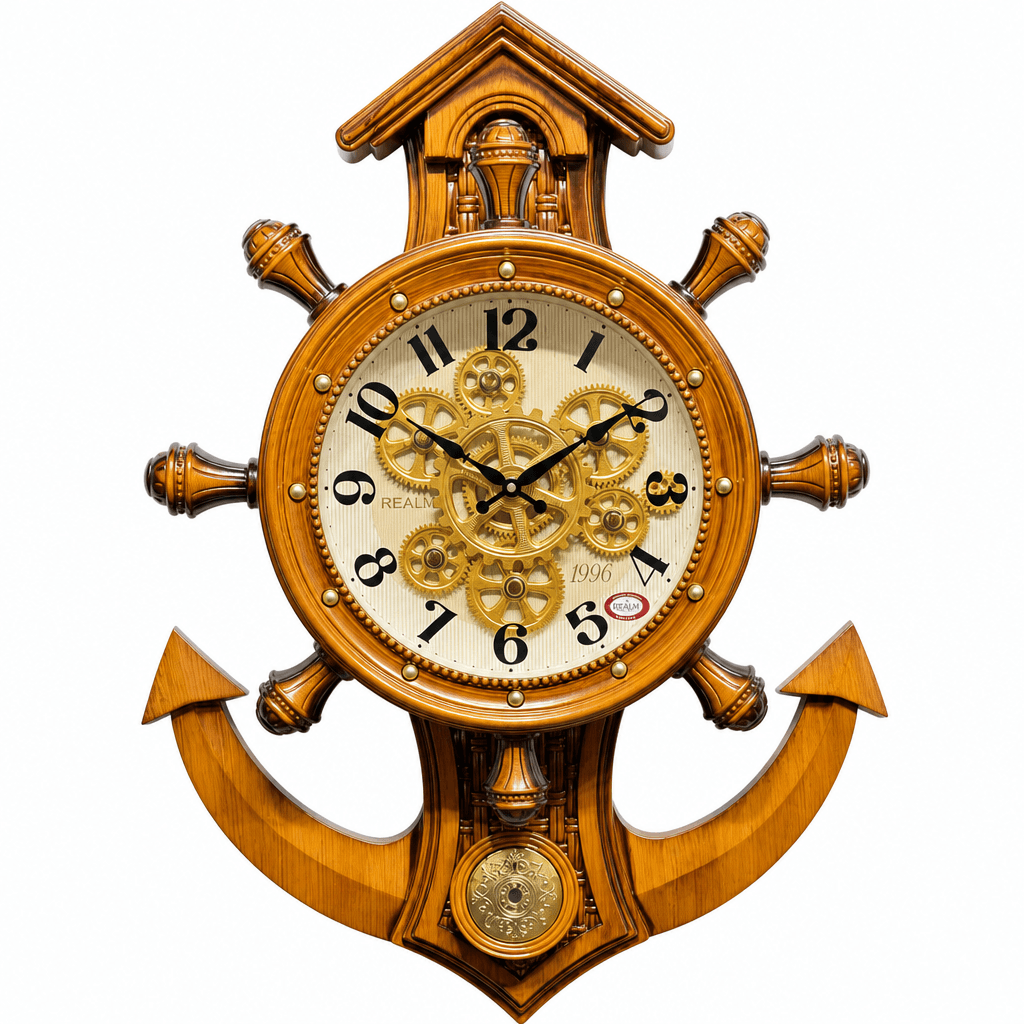 Rg 04 Nautical Ship Wheel Wall Clock With Anchor And Exposed Gears Light Ivory Wood Finish, 30x23 Inch