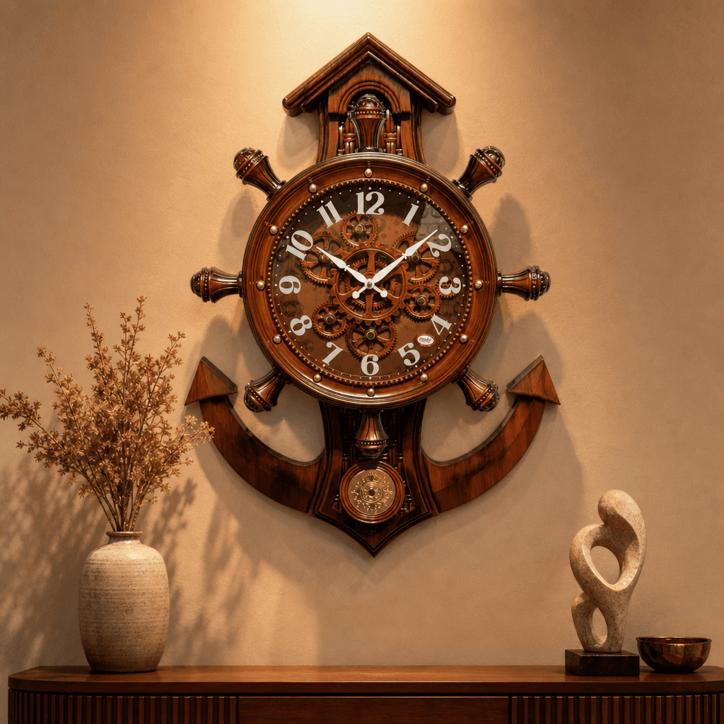 Nautical Ship's Wheel Wall Clock With Anchor styled in a room setting 3