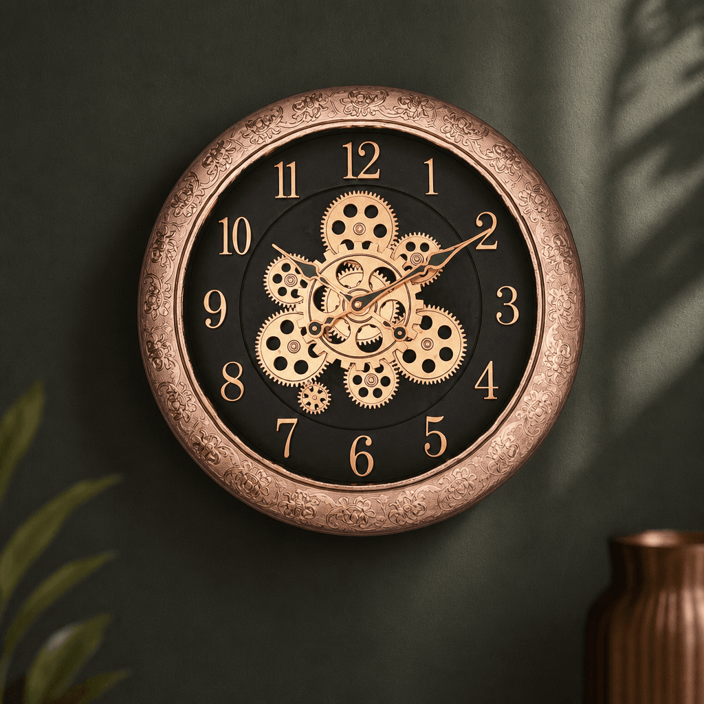 Ornate Wall Clock With Visible Gears styled in a room setting 3