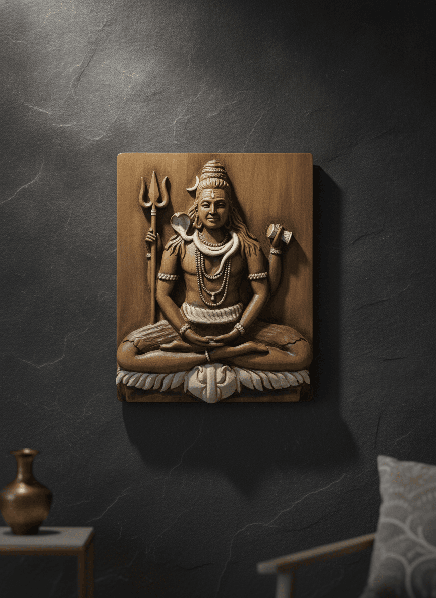 Shiv Ji Meditating Woodbrown Wall Art Sculpture - Premium Wall Art 22 inch