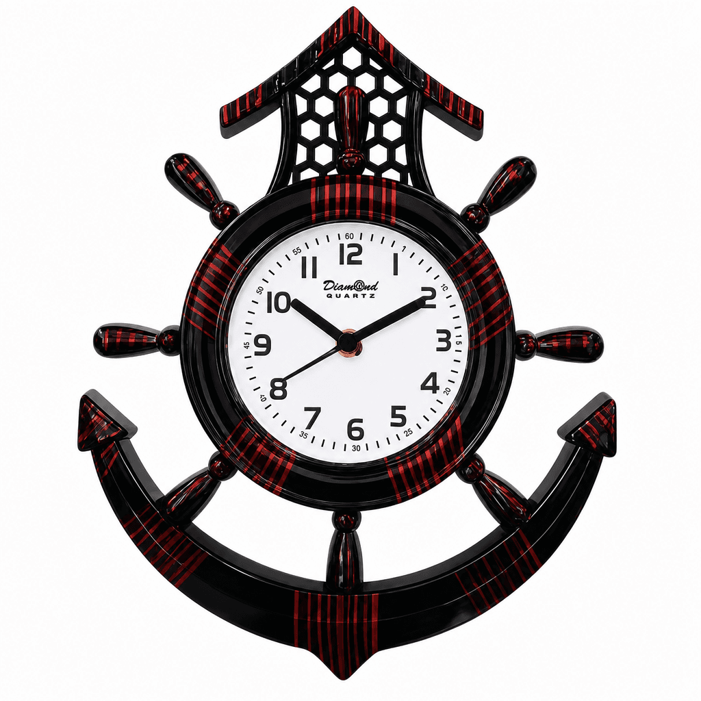 Nautical Ship Wheel Anchor Red And Black Wall Clock