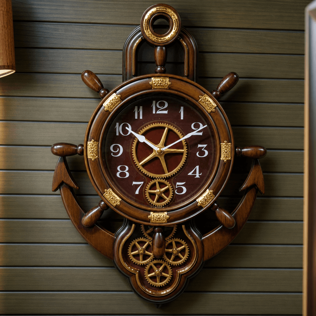 Real RG07 Nautical Ship Wheel and Anchor Wall Clock, Dark Espresso Wood on wall color