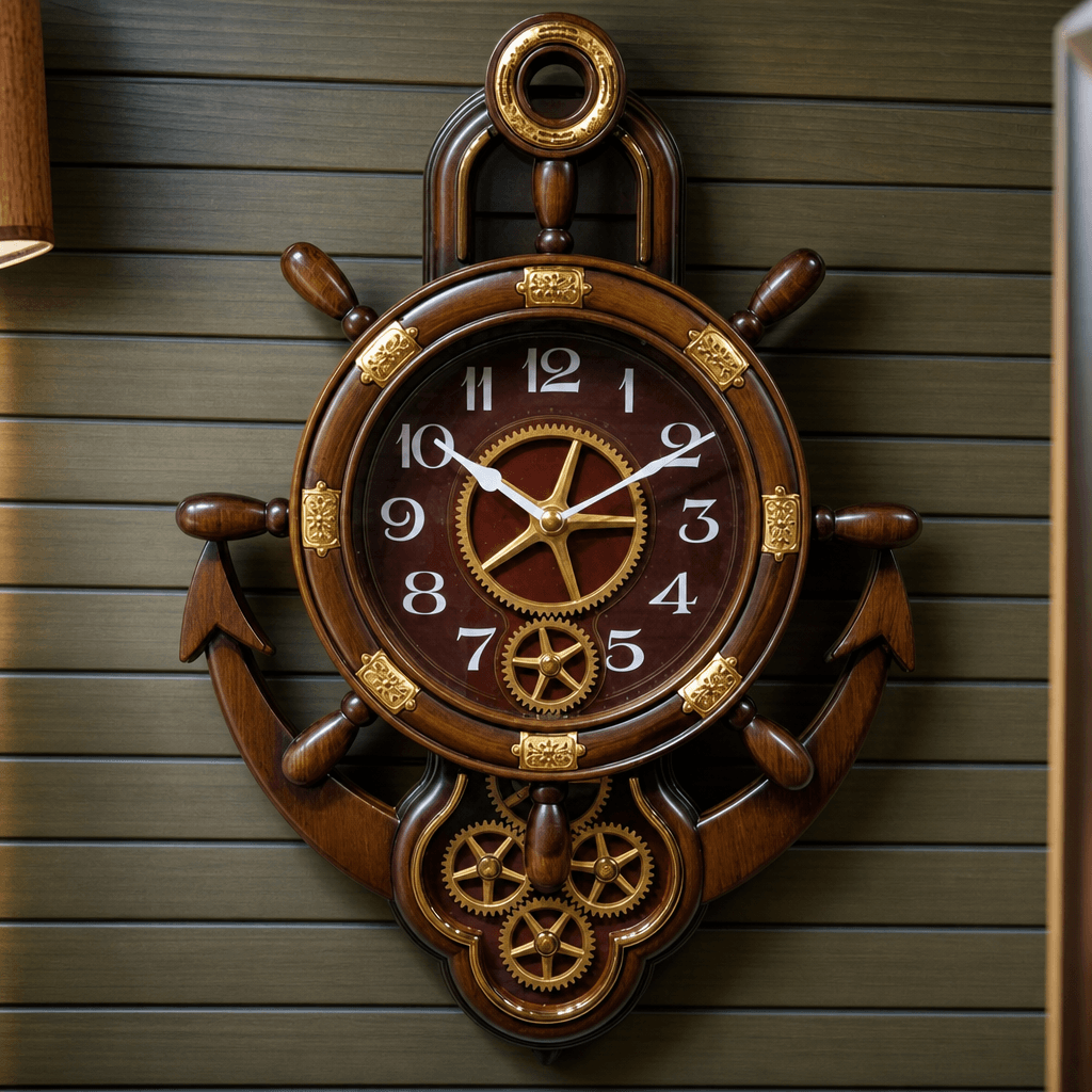 Real RG07 Nautical Ship's Wheel Wall Clock with Anchor Base, Very Dark Cherry Wood Finish - Premium Wall Clock 24 inch