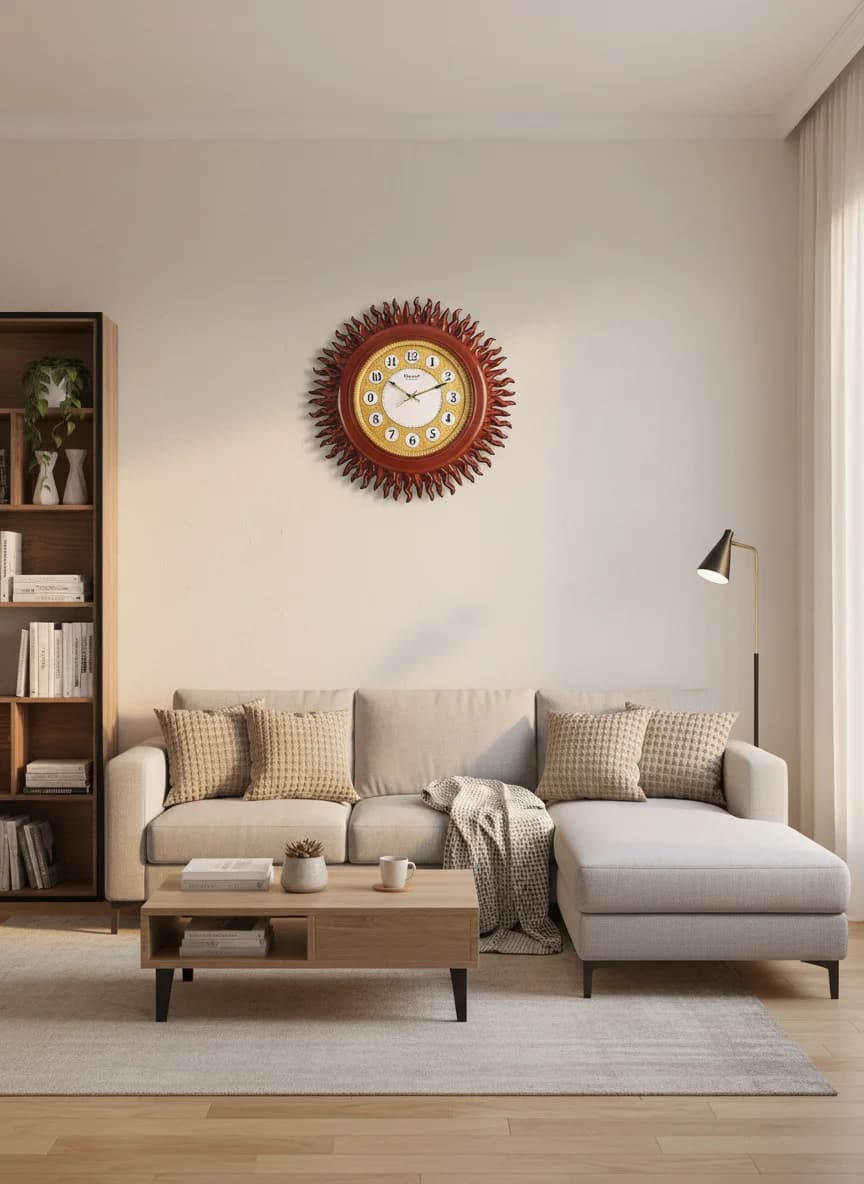 Sunburst Wall Clock Elegant Home Decor styled in a room setting 1