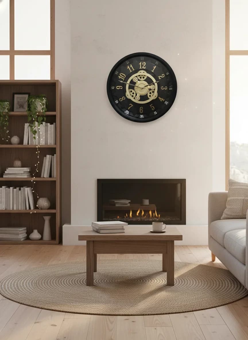 Industrial Steampunk Black & Gold Wall Clock styled in a room setting 1