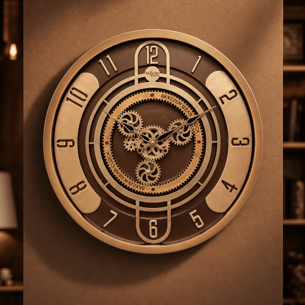 Bronze & Dark Brown Decorative Gear Wall Clock styled in a room setting 2
