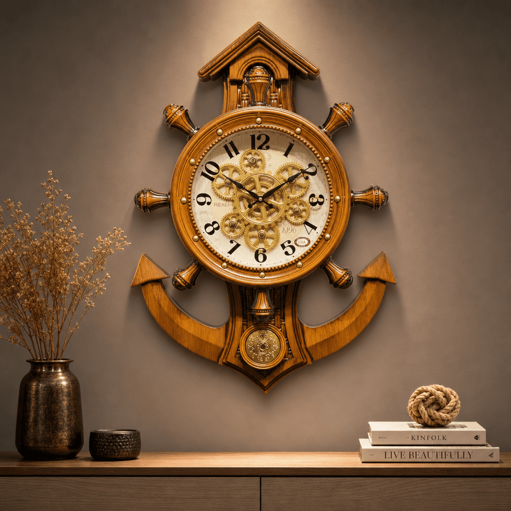 Rg 04 Nautical Ship Wheel Wall Clock With Anchor And Exposed Gears Light Ivory Wood Finish, 30x23 Inch styled in a room setting 1