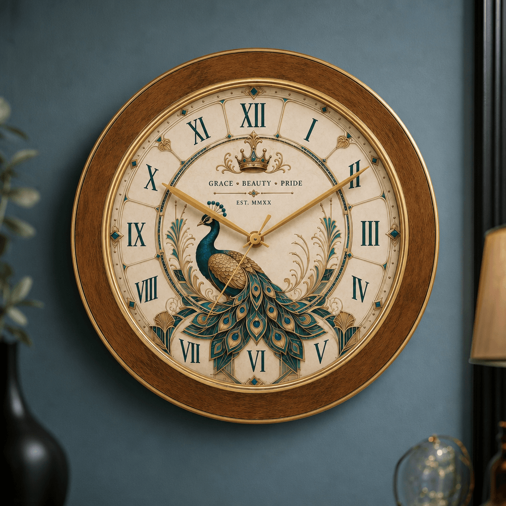 Majestic Peacock Wall Clock by The Clock Factory - Premium Wall Clock 13 inch