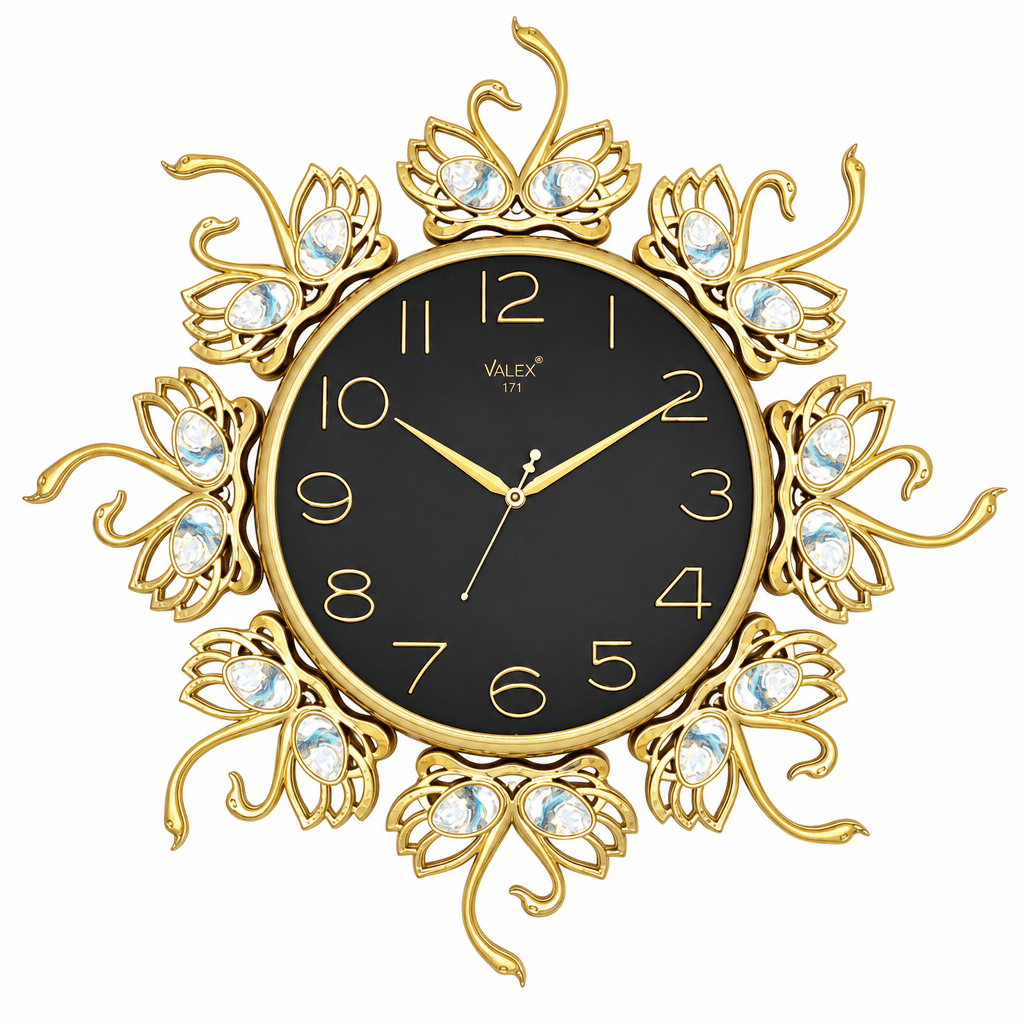 Ornate Gold Swan Wall Clock With Black Dial