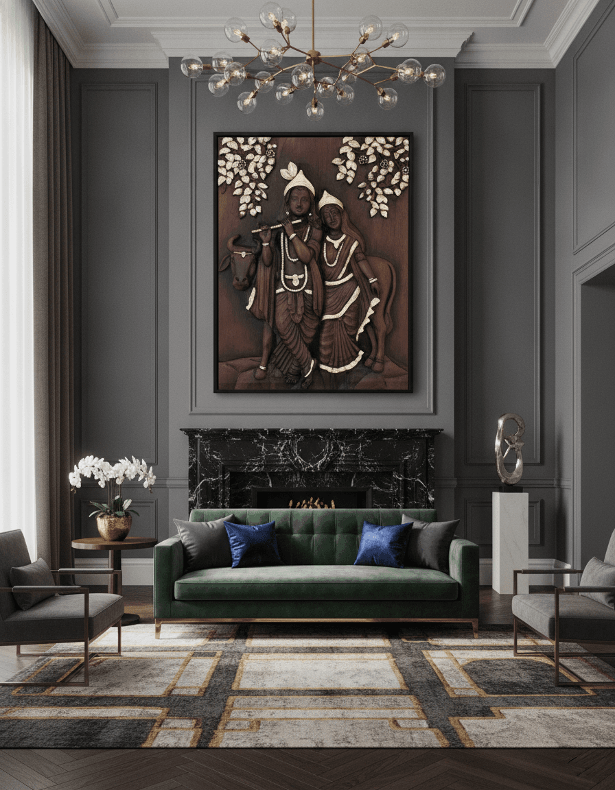 Radha Krishna Dark Brown 3D Wall Art styled in a room setting 3