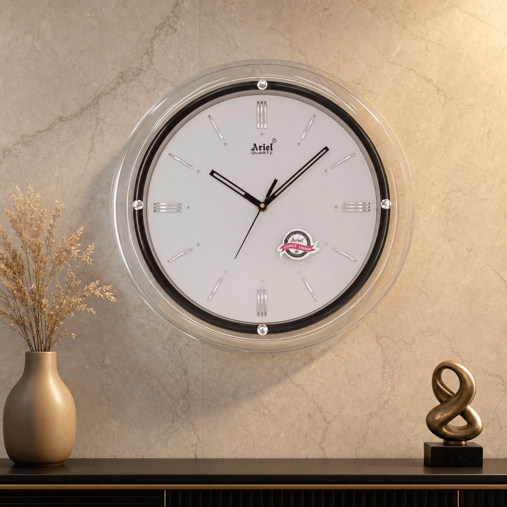 Quartz Wall Clock With Clear And Black Frame styled in a room setting 1