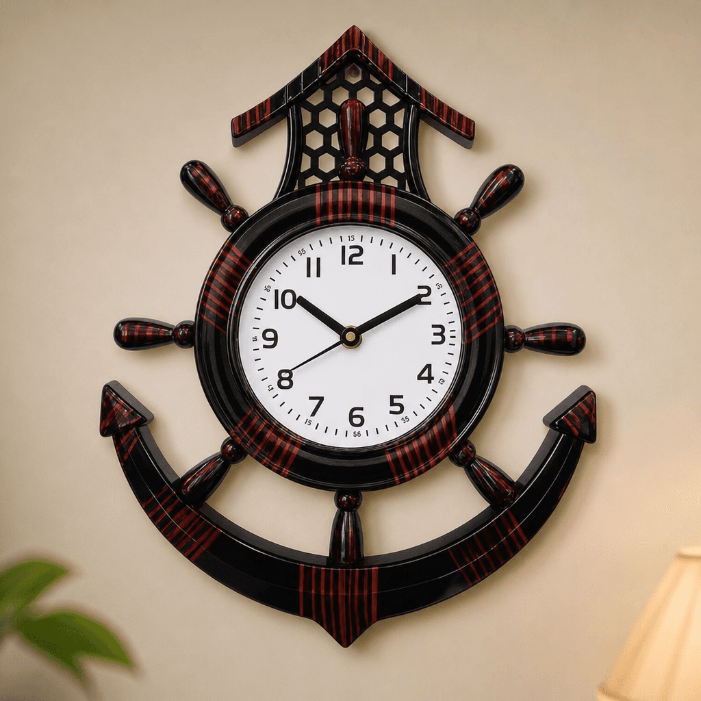 Nautical Ship Wheel Anchor Red And Black Wall Clock on wall color