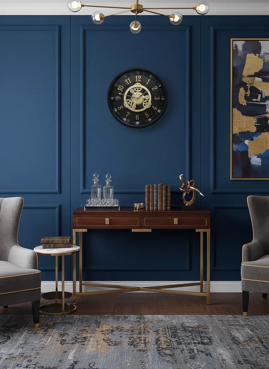 Industrial Steampunk Black & Gold Wall Clock styled in a room setting 2
