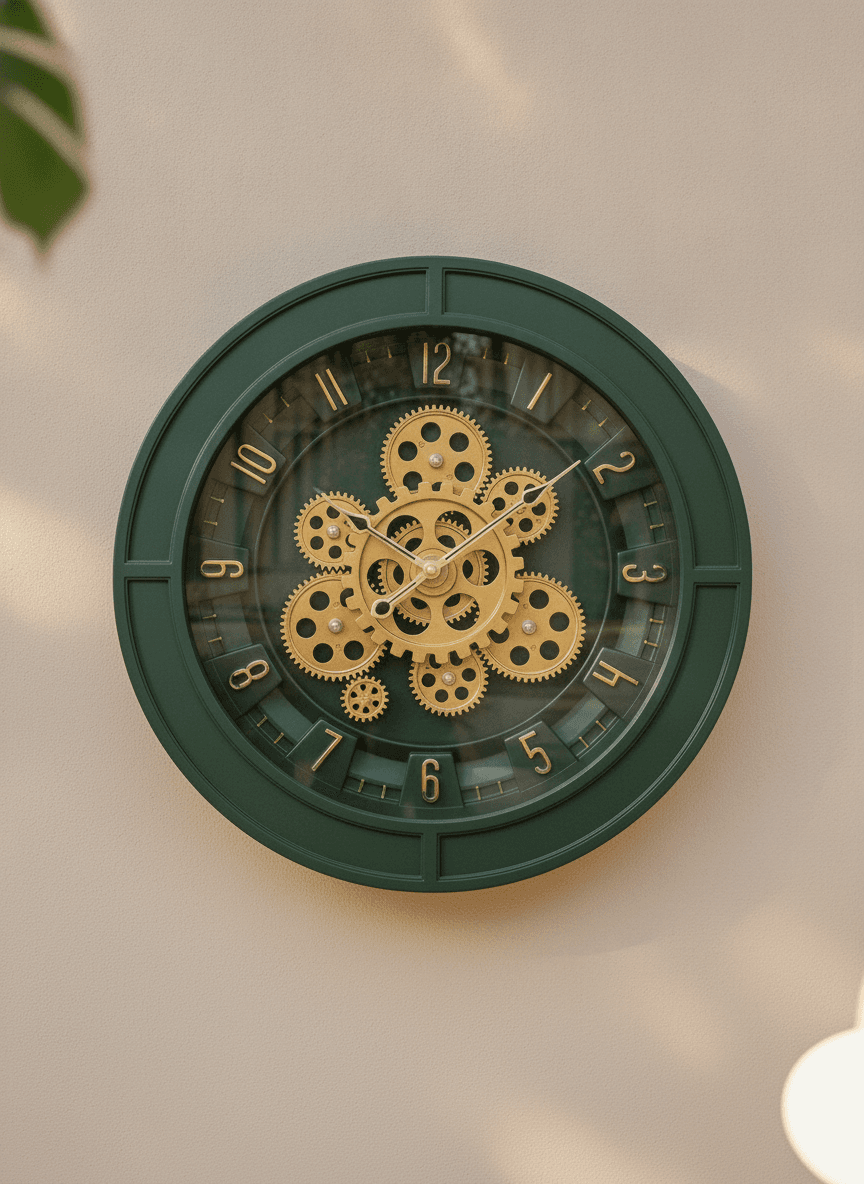 Dark Green Steampunk Wall Clock With Gold Accents dimensions