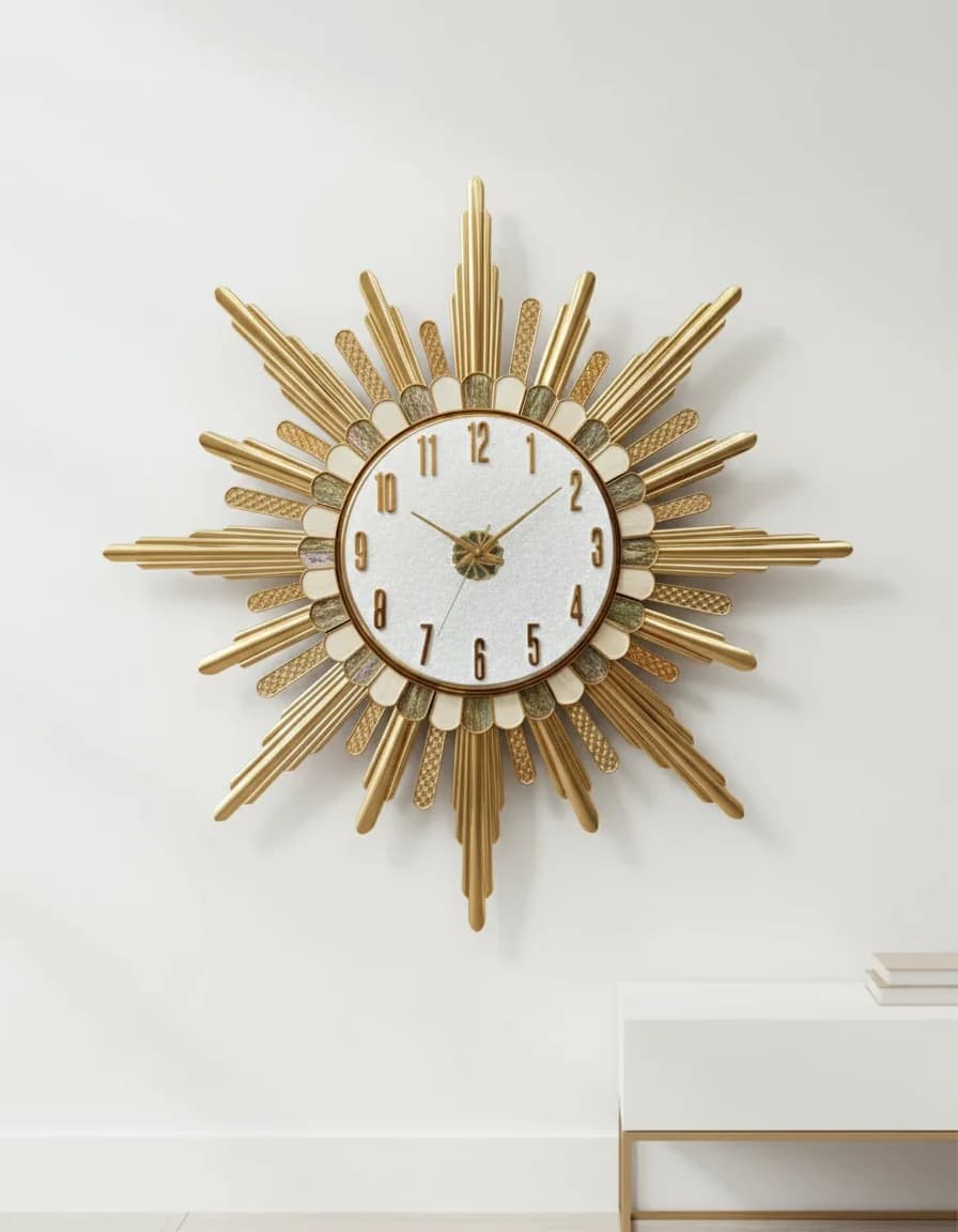 Luxurious Gold Sunburst Wall Clock Elegant Decor styled in a room setting 3