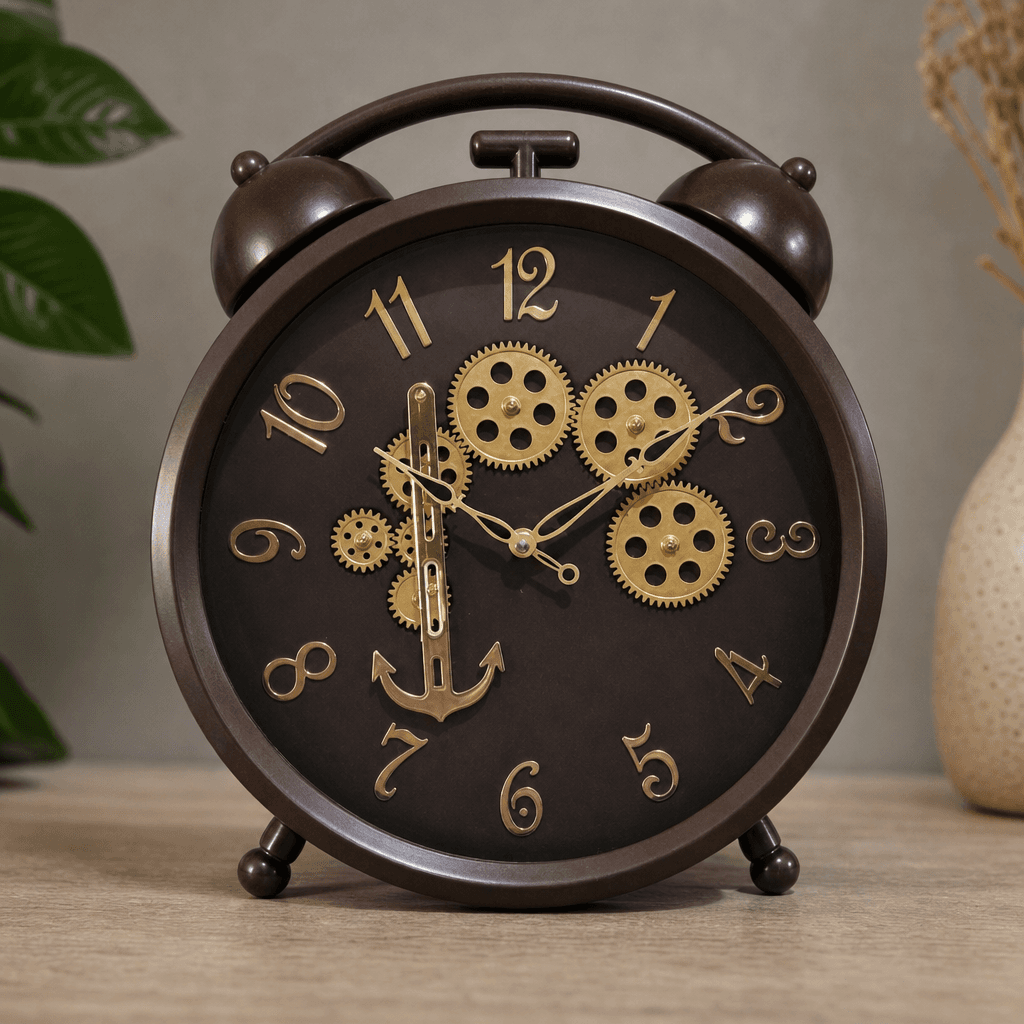 Gold Steampunk Wall Clock With Visible Gears styled in a room setting 5