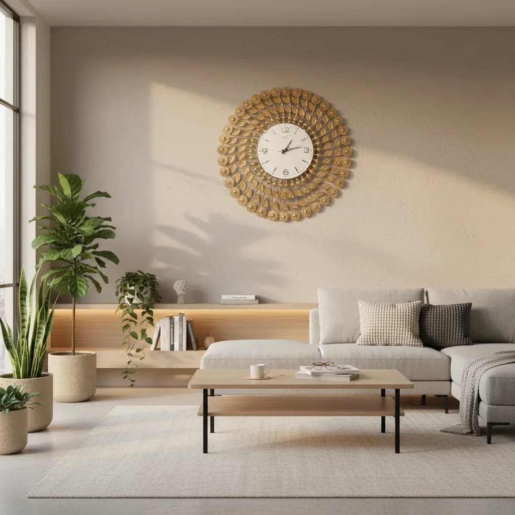 Gold Leaf Wall Clock styled in a room setting 1