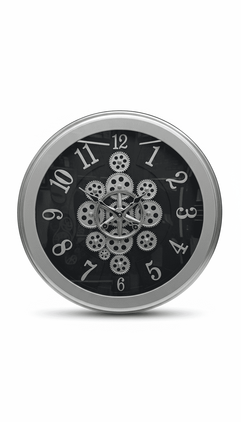 Modern Industrial Wall Clock With Exposed Gears, Brushed Silver Frame