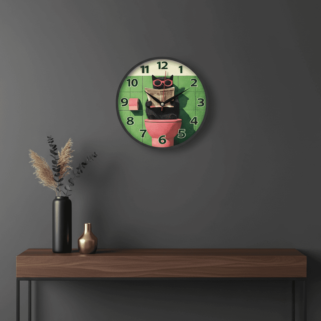 Whimsical Cat In Bathtub Floral Analog Wall Clock styled in a room setting 5