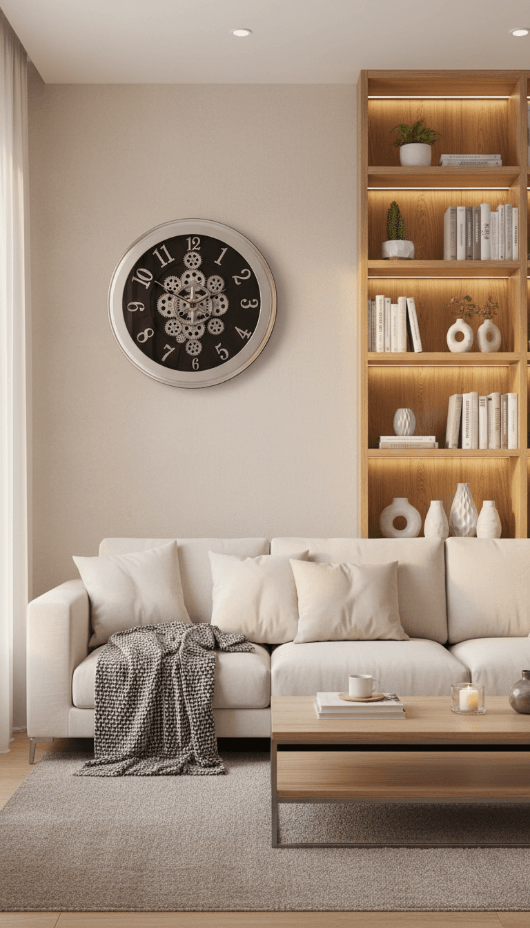 Modern Industrial Wall Clock With Exposed Gears, Brushed Silver Frame styled in a room setting 1