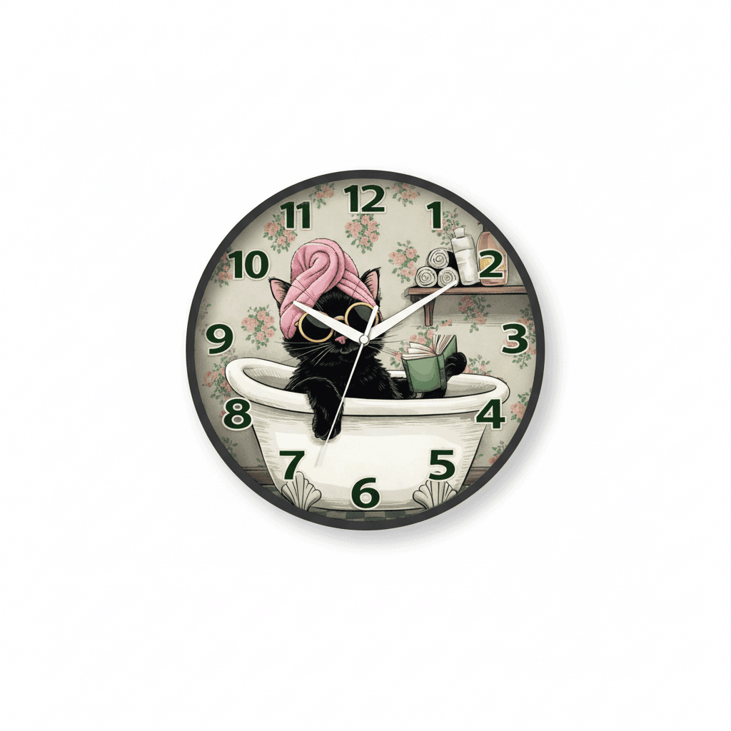 Whimsical Cat In Bathtub Floral Analog Wall Clock