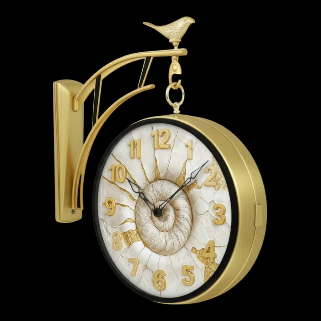 Gold Double Sided 12 Inch Wall Clock With Bird & Nautilus Dial
