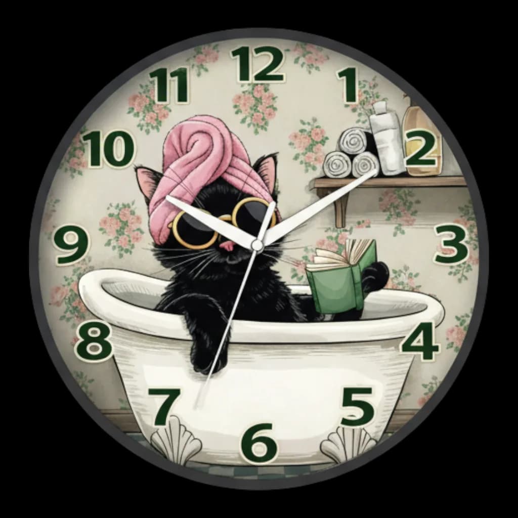 Whimsical Cat In Bathtub Floral Analog Wall Clock