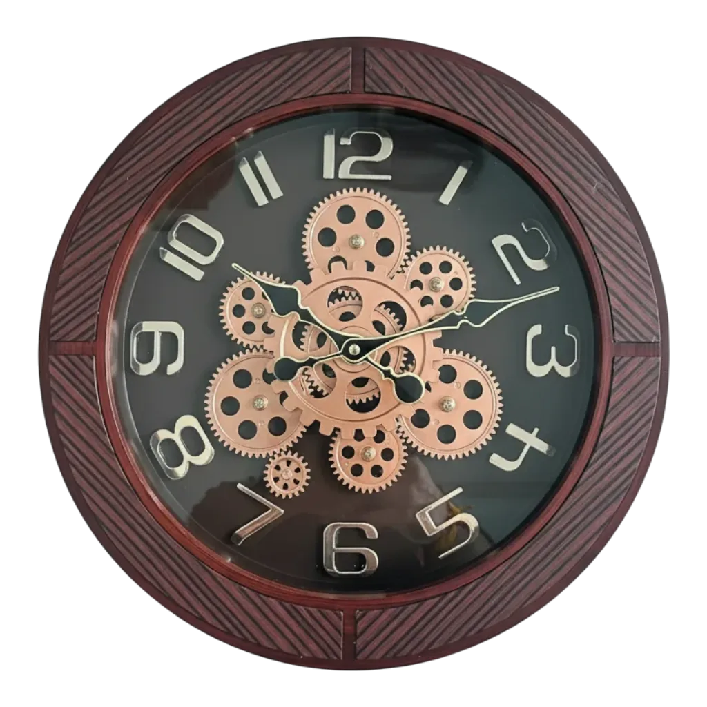 Steampunk Industrial Wall Clock With Exposed Gears And Dark Wood Grain Frame
