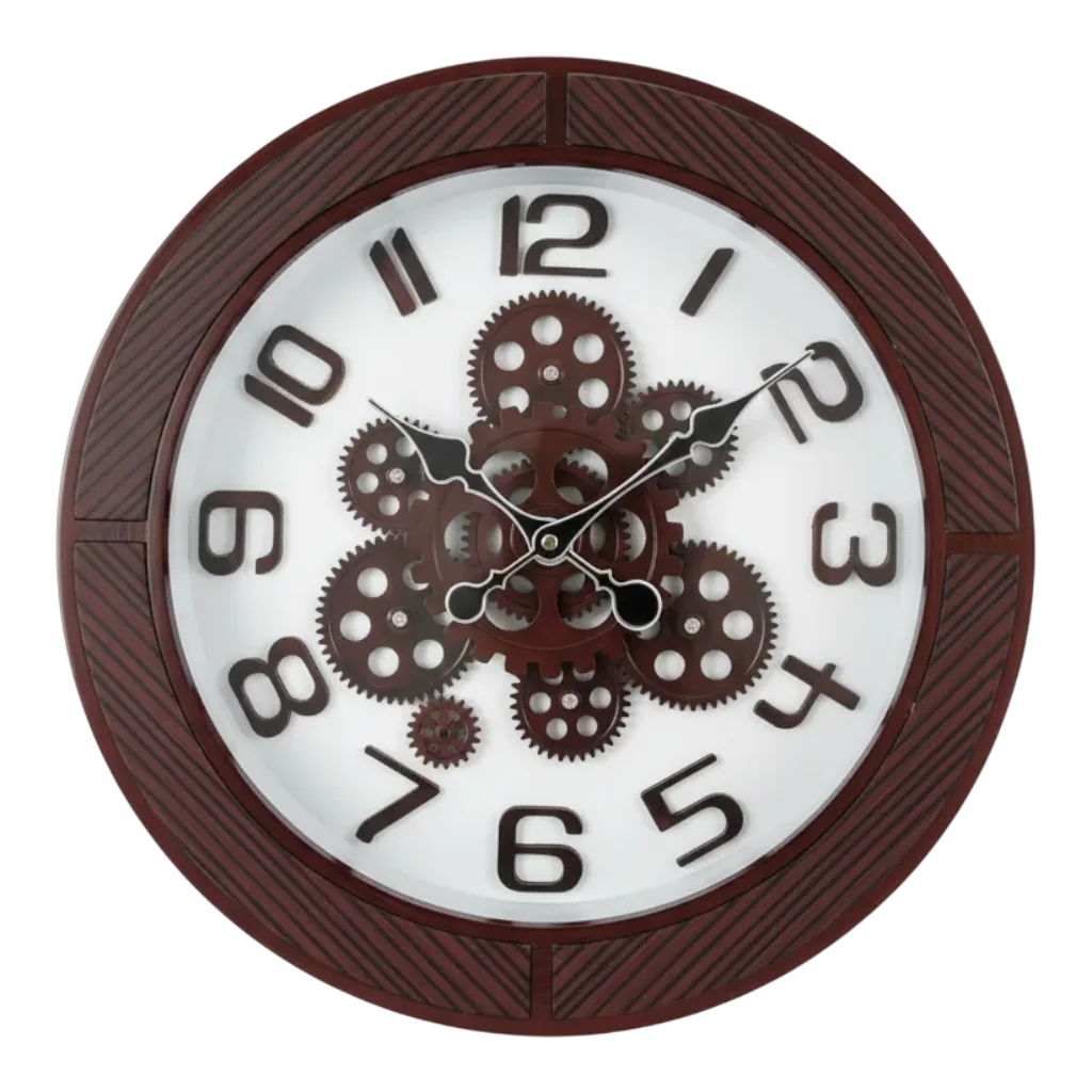 Modern Industrial Wall Clock With Decorative Gears & Wood Grain Frame on wall color
