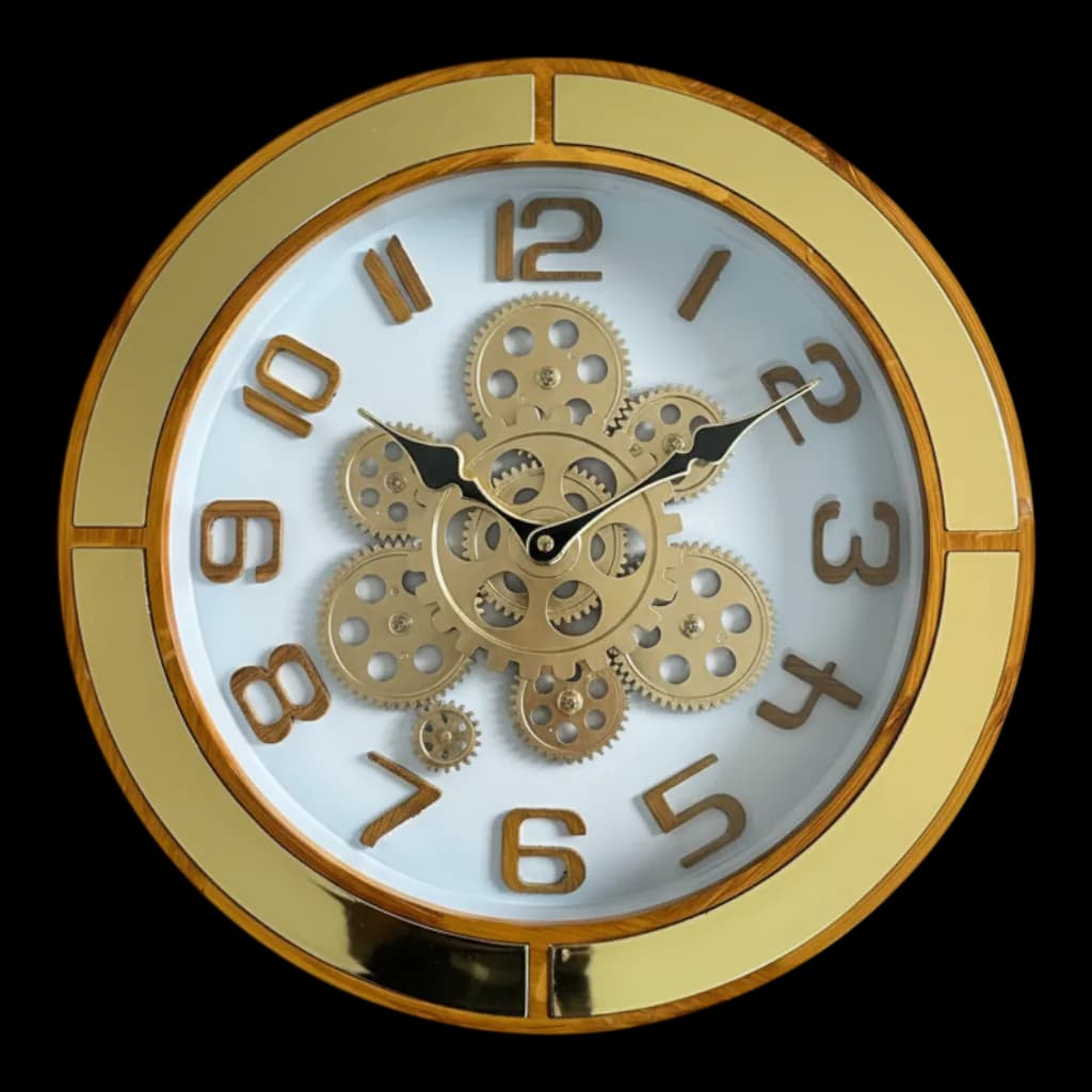 Wall Clock With Visible Gears, Gold Accents & Wood Grain Finish