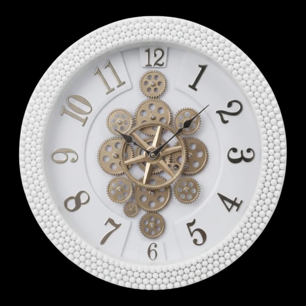 Ornate White Wall Clock With Visible Gears And Beaded Frame
