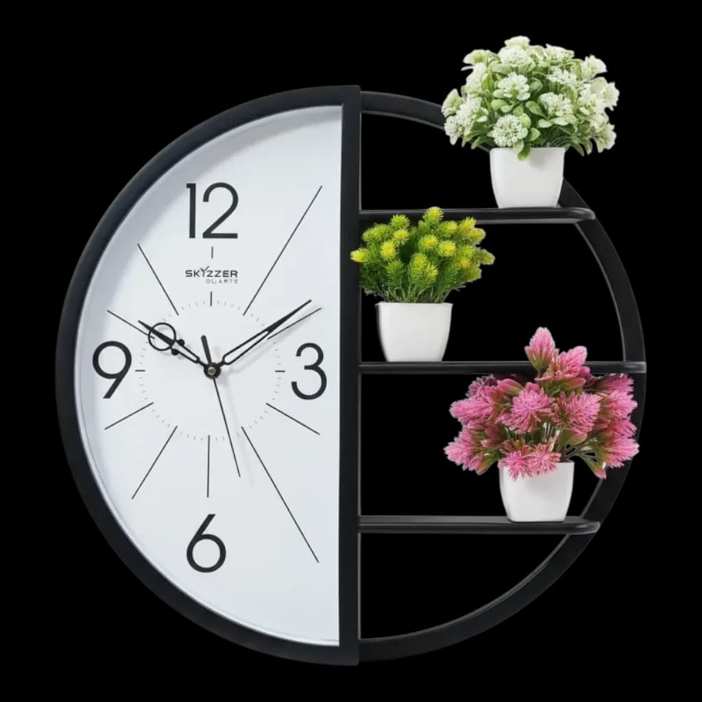 Modern Half Round Wall Clock With Integrated Display Shelves on wall color