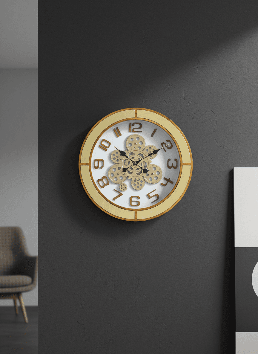 Wall Clock With Visible Gears, Gold Accents & Wood Grain Finish styled in a room setting 1