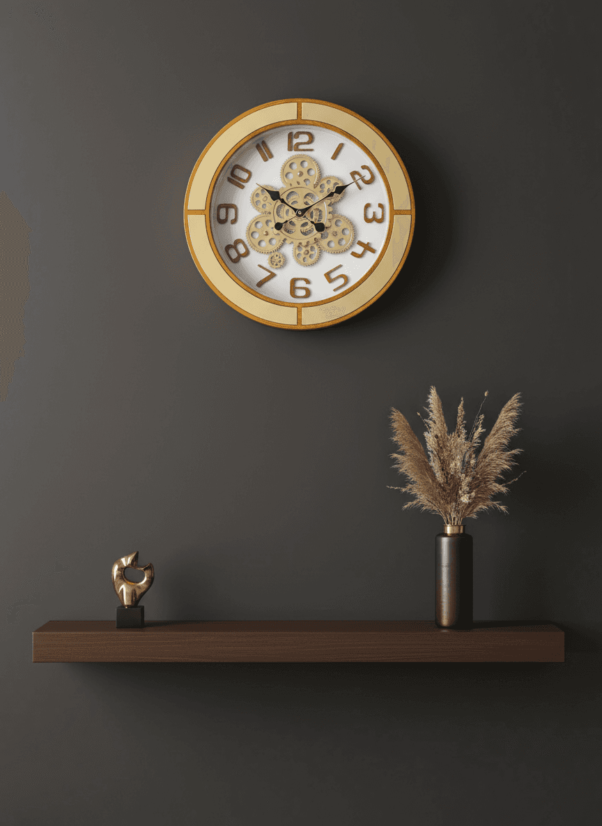 Wall Clock With Visible Gears, Gold Accents & Wood Grain Finish styled in a room setting 2