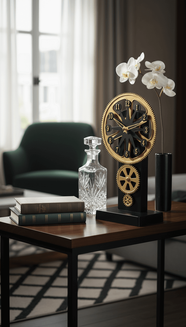 Steampunk Industrial Analog Desk Clock styled in a room setting 5