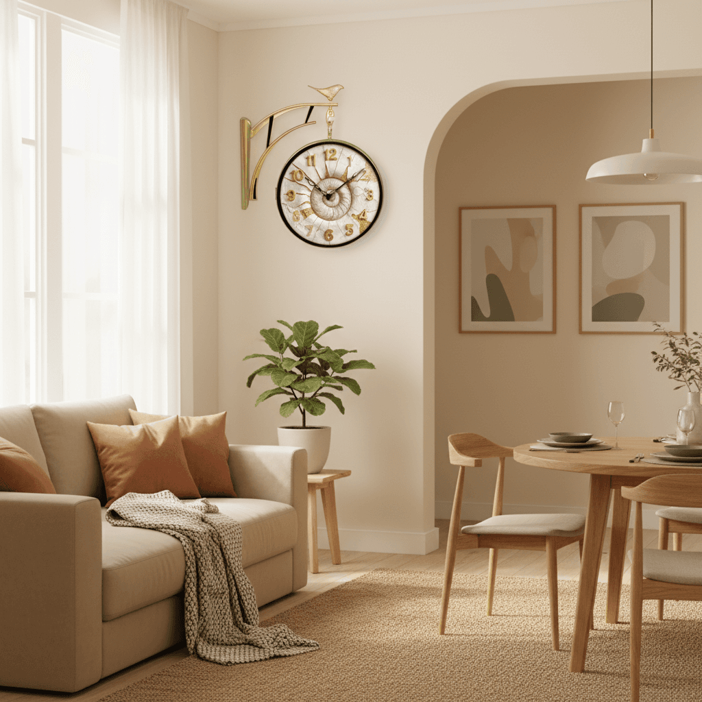 Gold Double Sided 12 Inch Wall Clock With Bird & Nautilus Dial styled in a room setting 1
