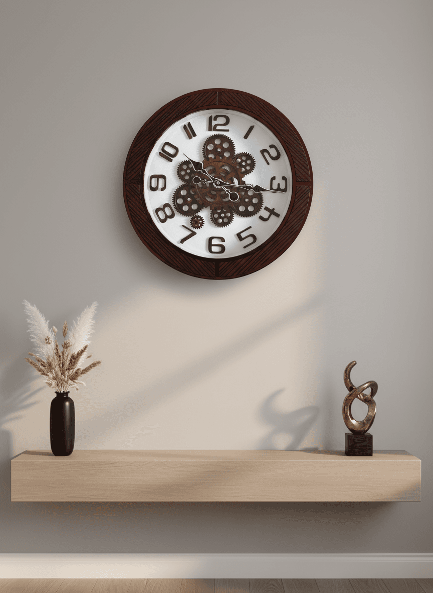 Modern Industrial Wall Clock With Decorative Gears & Wood Grain Frame styled in a room setting 2