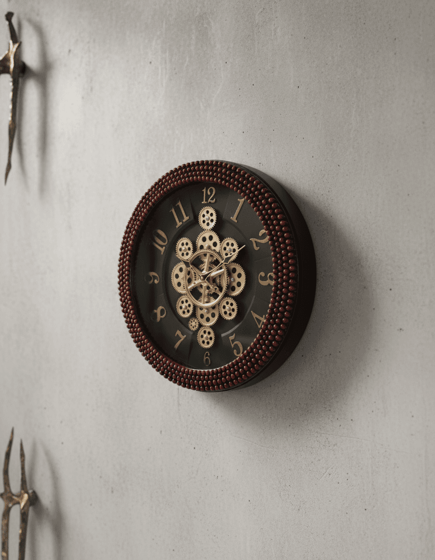 Ornate White Wall Clock With Visible Gears And Beaded Frame styled in a room setting 4
